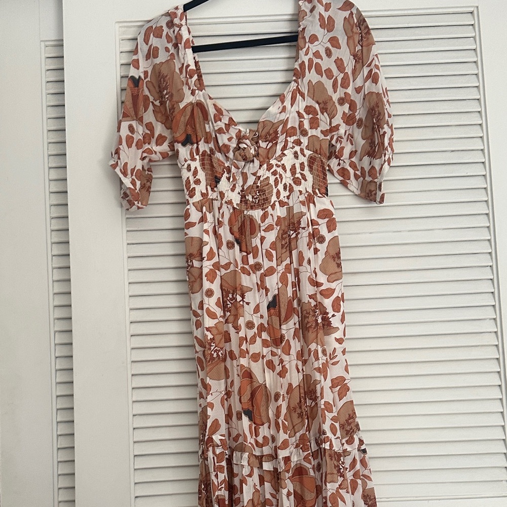Anthropologie Brown and Cream Floral Midi Dress